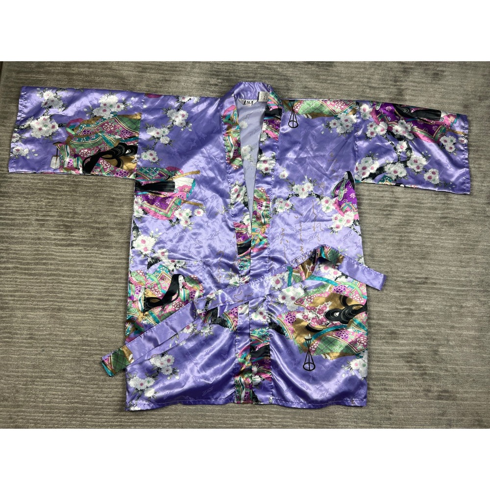 Juguemm Kimono Robe Womens 35 Purple Geisha Floral Satin Belted Made in Japan